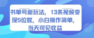 书单号新玩法，13条视频变现5位数，小白操作简单，当天可见收益-比杰副业资源站