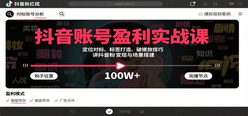 抖音账号盈利实战课,定位对标、标签打造、破播放技巧,讲涨粉变现与场景搭建